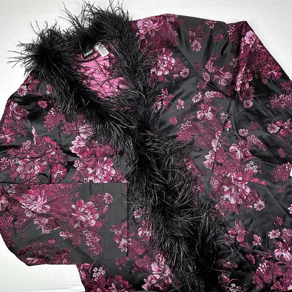 Fredericks Of Hollywood Formal Feather Boa Kimono Robe L/XL Black‎ Pink DIVA EUC